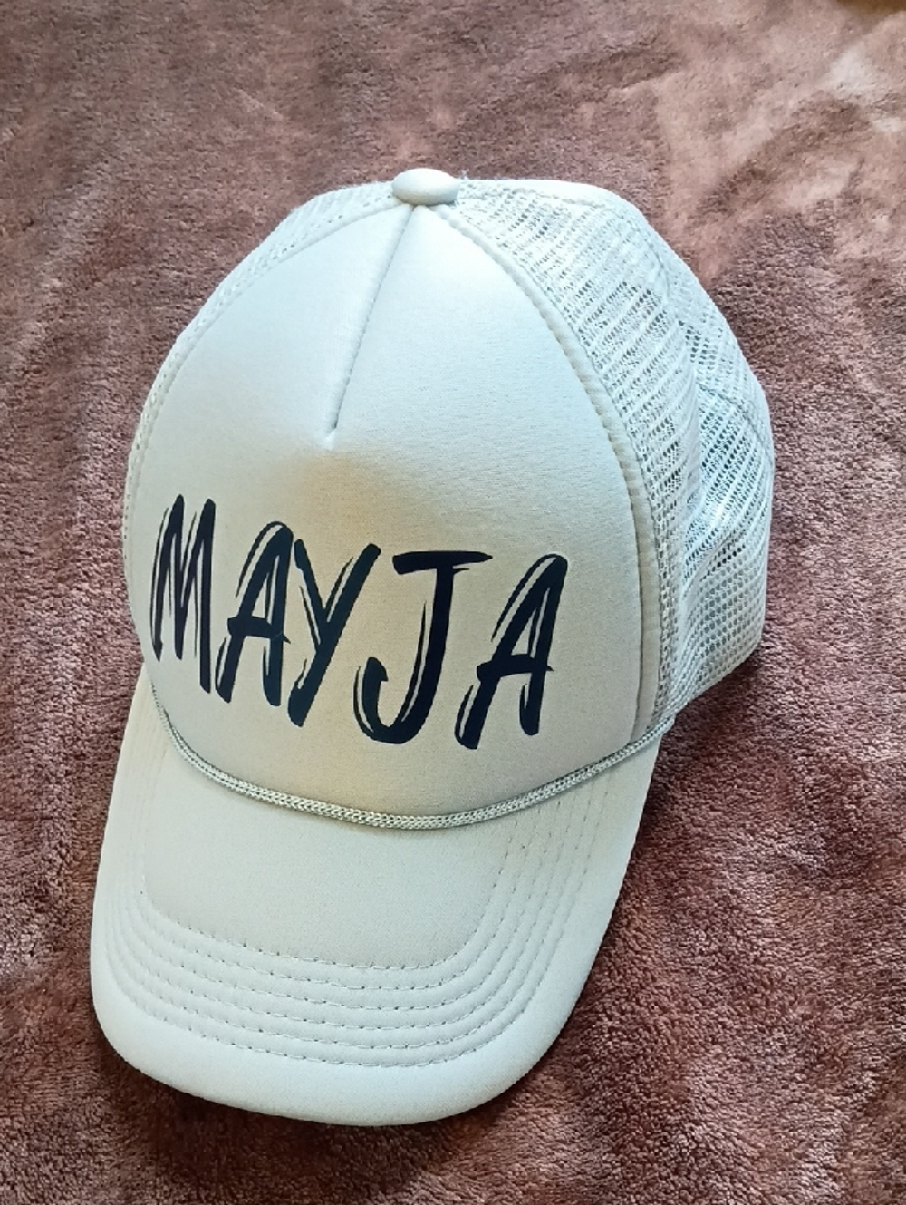 gray Personalized Mesh Trucker Hat with 'MAYJA' Script